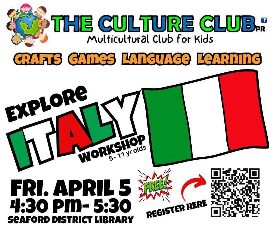 Flyer of the Culture Club: Italy with the date and time posted (Friday, April 5th from 4:30 pm - 5:30 pm)
