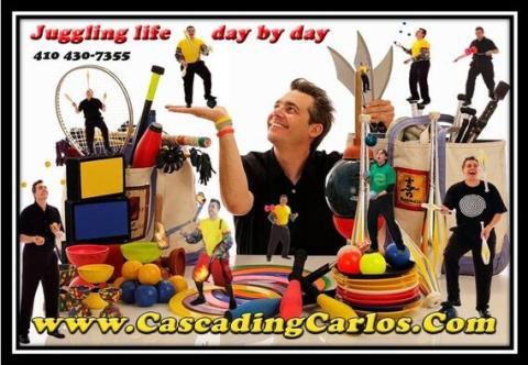 Photo shows various depictions of Cascading Carlos juggling along with his phone number and email